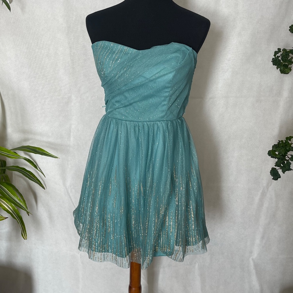 Teal strapless party dress with silver/gold glitter